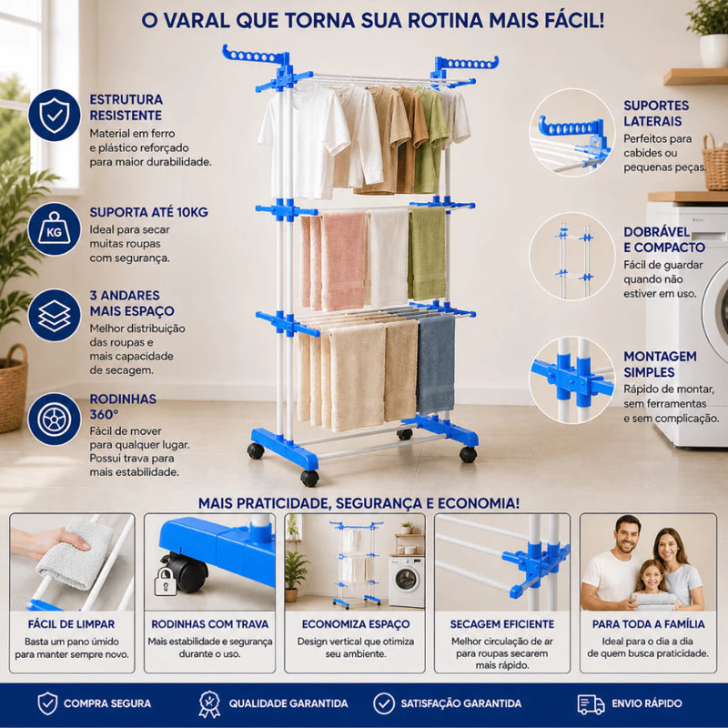 Varal De Chão De Roupas 3 Andares Dobrável Grande 4 Rodas